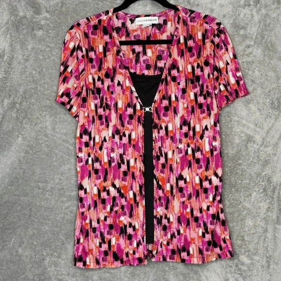 Sag Harbor Tops - Sag Harbor L Large Shirt Top Pink Abstract Short Sleeve Scoop Neck Layered Look